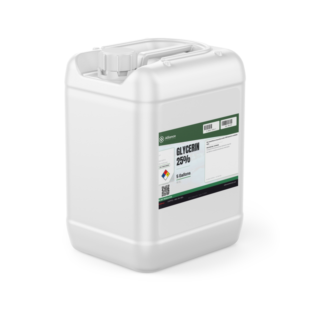 Glycerin 25% Food Grade liquid in a 5-gallon white plastic jerry can, Alliance Chemical