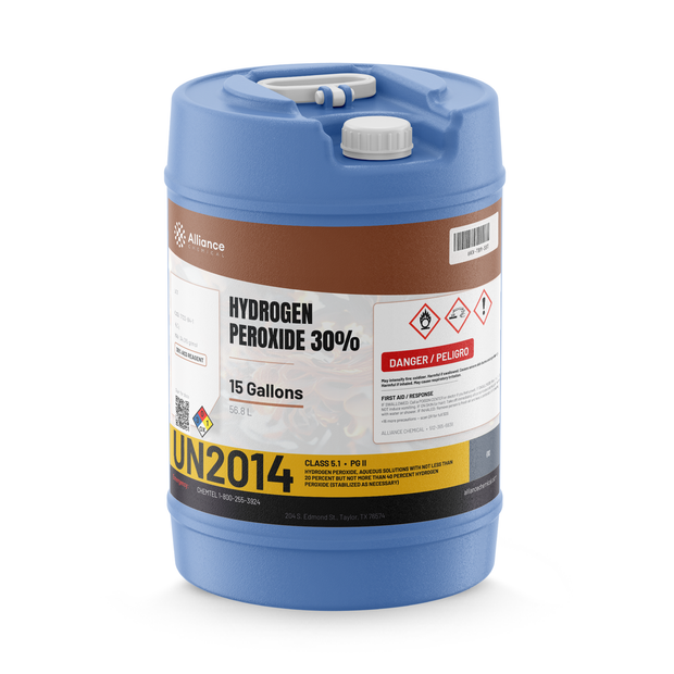 Hydrogen Peroxide 30% ACS Grade in a 15-gallon blue plastic carboy, Alliance Chemical