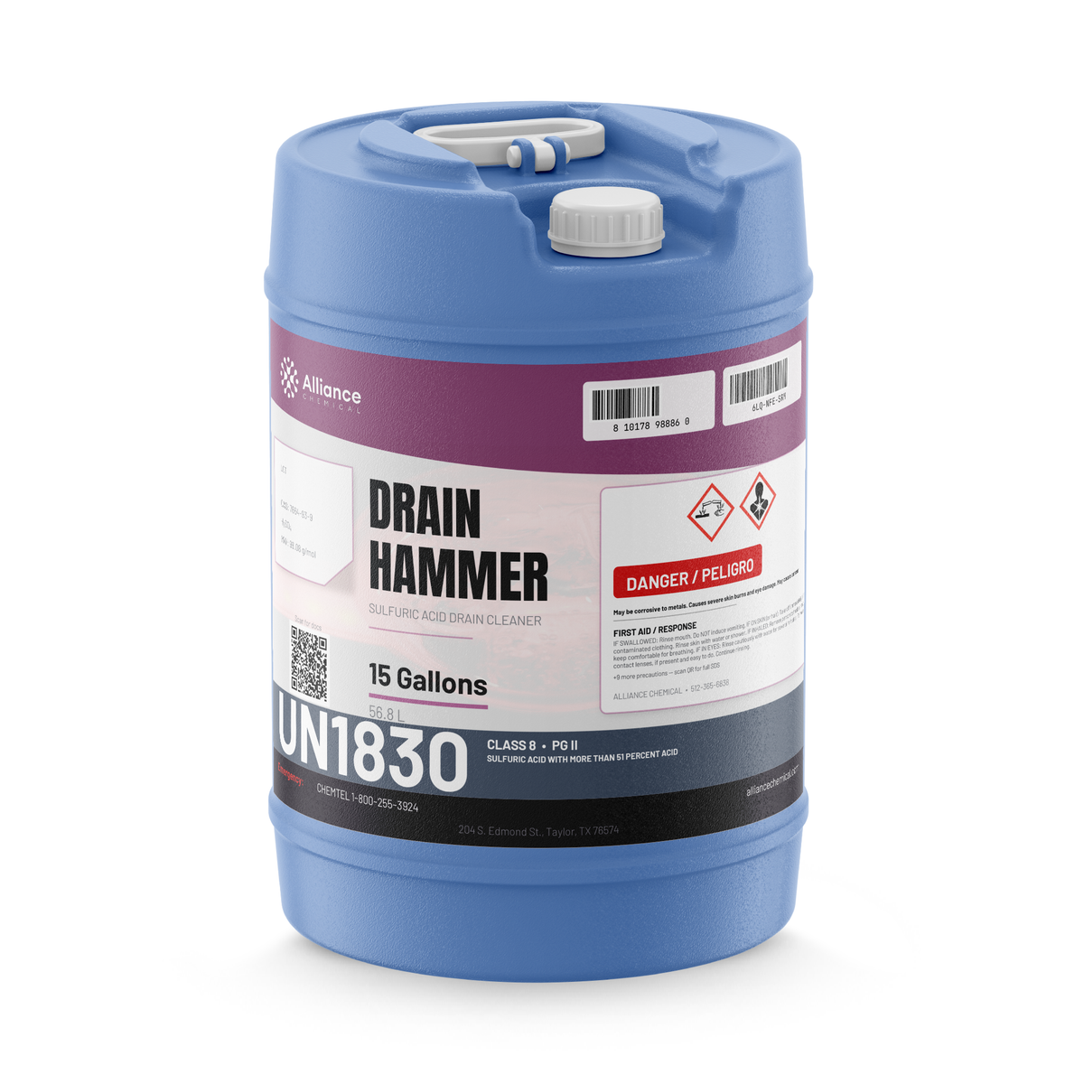Drain Hammer sulfuric acid drain cleaner in a 15-gallon blue plastic carboy by Alliance Chemical