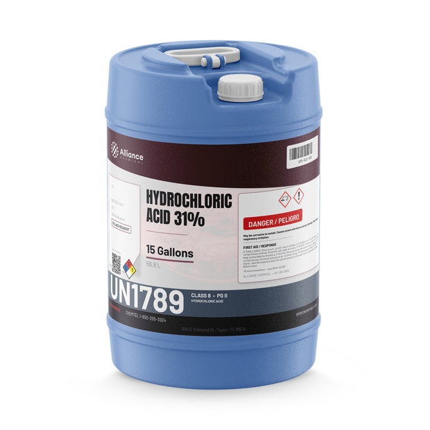 Hydrochloric Acid 31% ACS Reagent Grade in a 15-gallon blue plastic carboy, Alliance Chemical