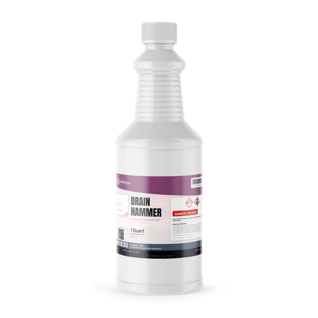 Sulfuric acid technical grade drain cleaner in a 1-quart plastic bottle, Alliance Chemical
