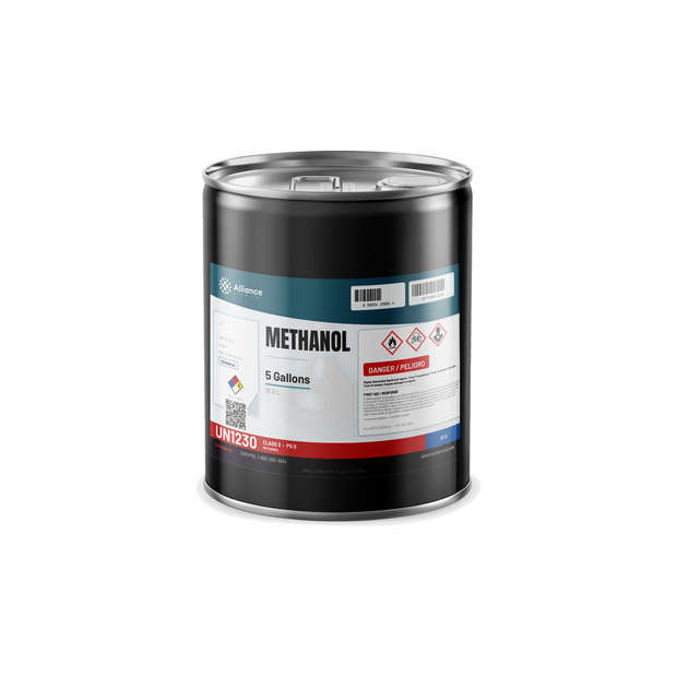 Methanol Technical Grade 5-gallon metal pail from Alliance Chemical for chemical synthesis and fuel system drying