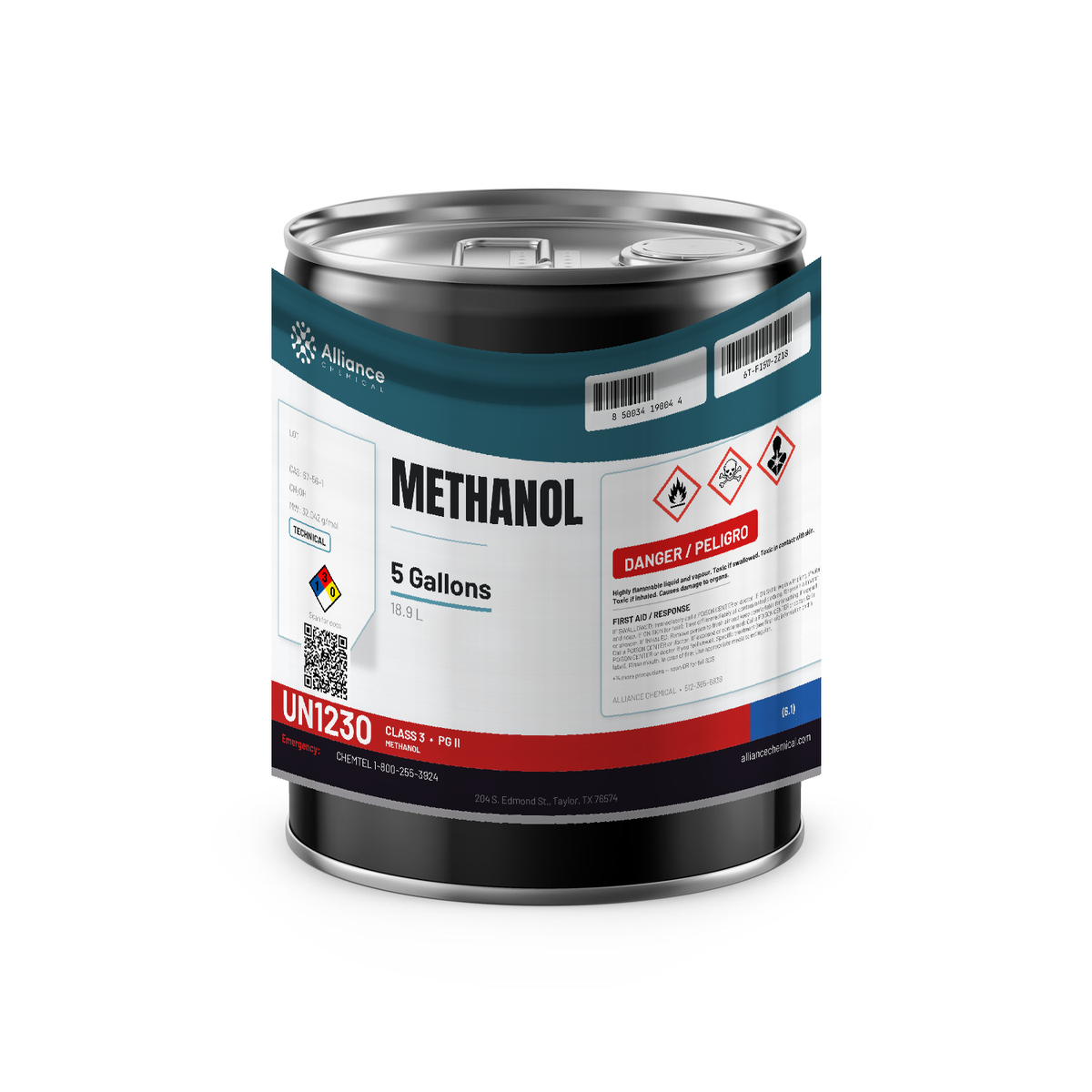 Methanol Technical Grade 5-gallon metal pail for chemical synthesis and solvent use, Alliance Chemical