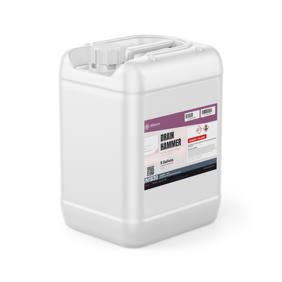 Drain Hammer technical grade sulfuric acid drain cleaner in a 5-gallon jerry can from Alliance Chemical