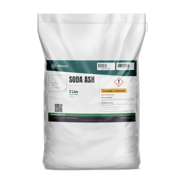 Soda Ash technical grade 2-pound white sealed plastic bag from Alliance Chemical for water treatment