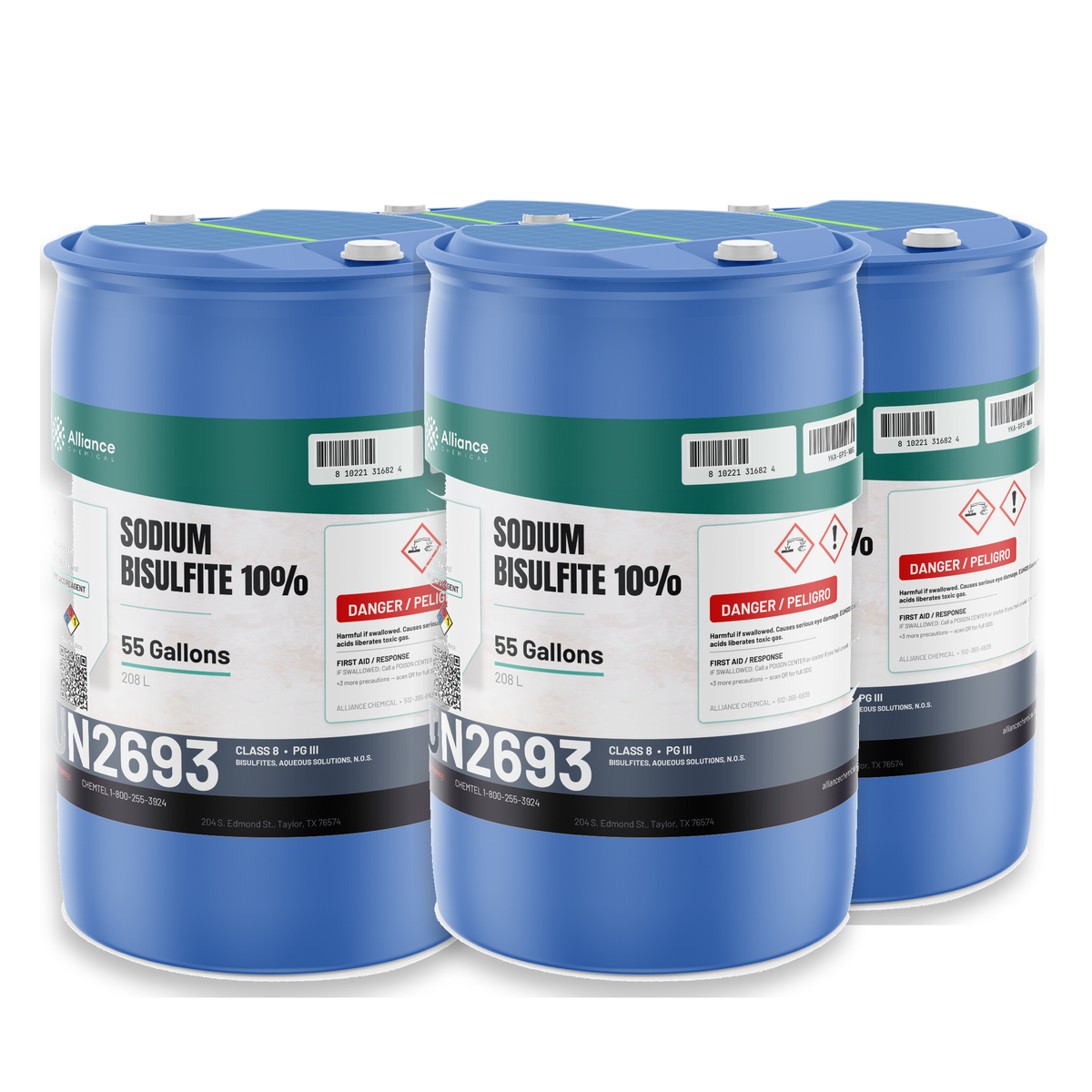 Sodium Bisulfite 10% ACS Grade in four 55-gallon blue poly drums, Alliance Chemical