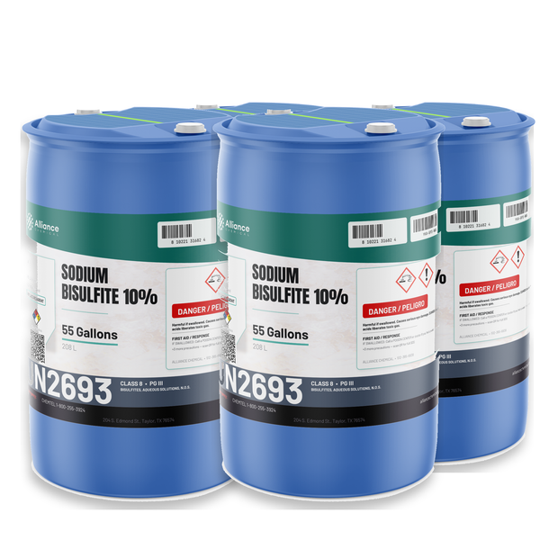Sodium Bisulfite 10% ACS Grade in four 55-gallon blue poly drums, Alliance Chemical