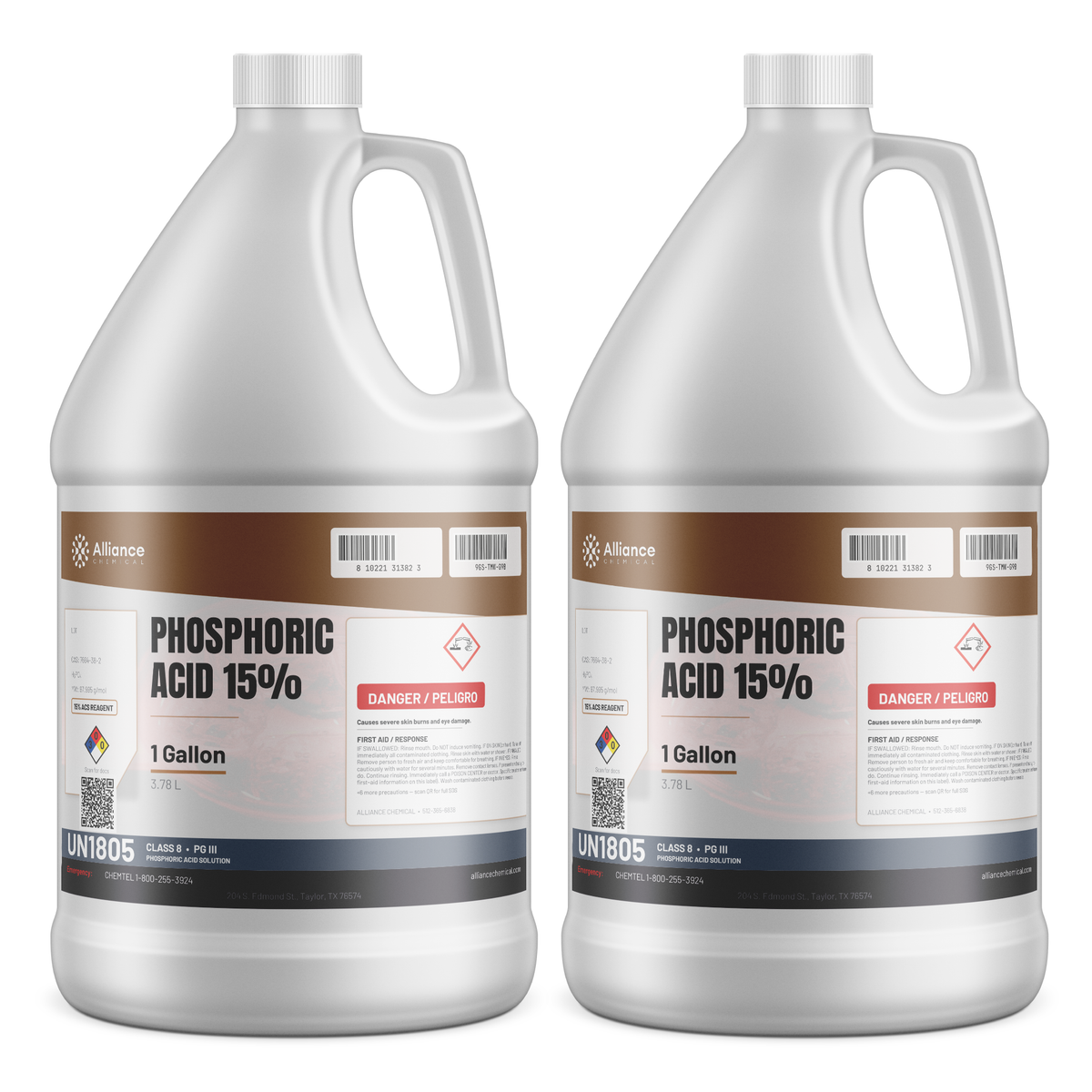 Phosphoric Acid 15% ACS Reagent Grade in two 1-gallon plastic jugs from Alliance Chemical
