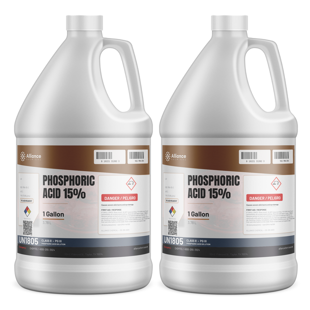 Phosphoric Acid 15% ACS Reagent Grade in two 1-gallon plastic jugs from Alliance Chemical