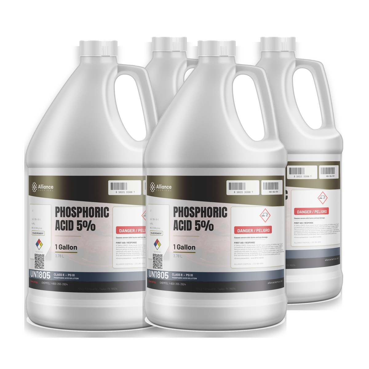 Phosphoric Acid 5% ACS Reagent Grade in a case of four 1-gallon jugs, Alliance Chemical