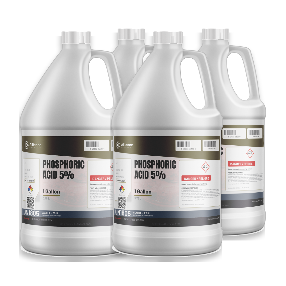 Phosphoric Acid 5% ACS Reagent Grade in a case of four 1-gallon jugs, Alliance Chemical