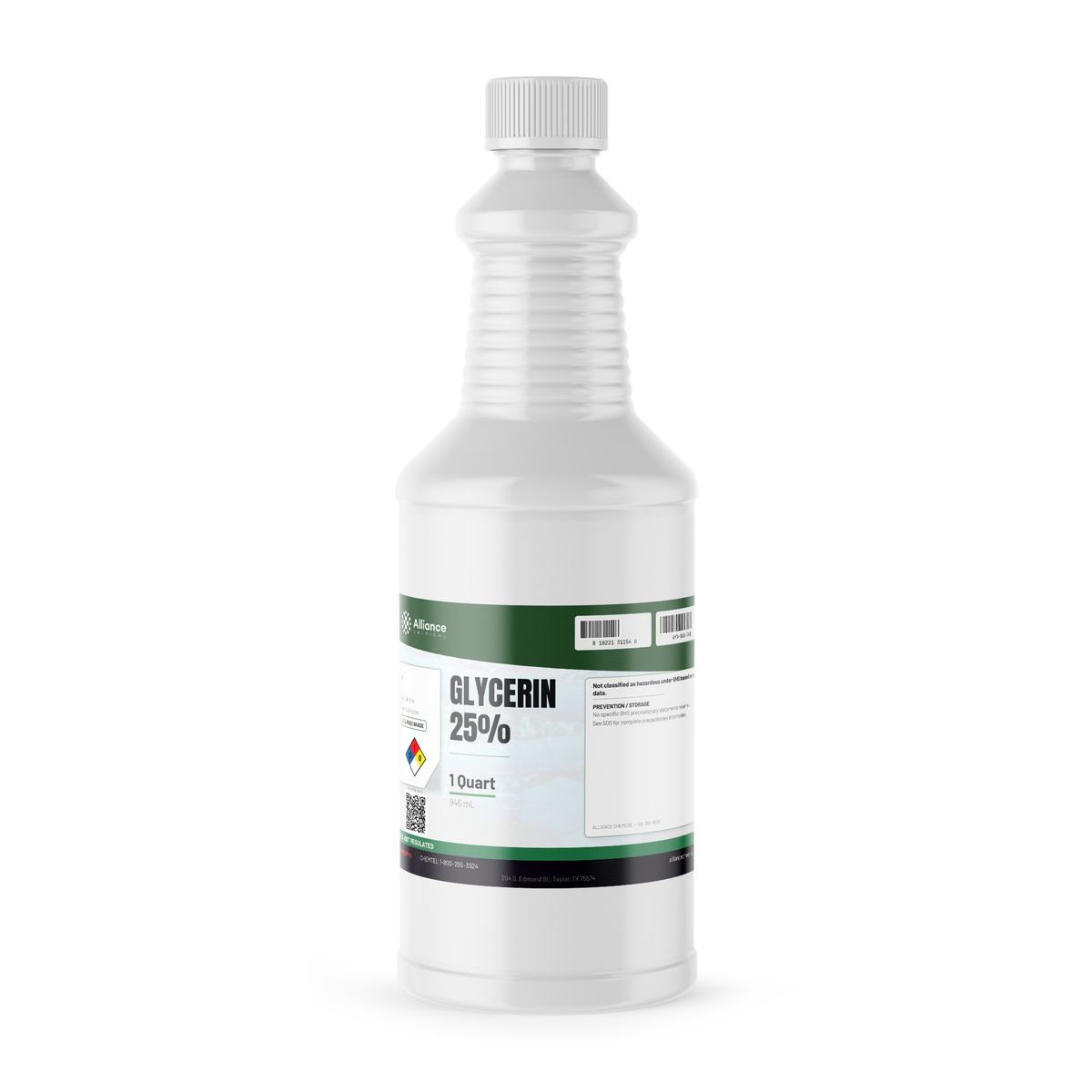 Glycerin 25% Food Grade in a 1-quart white ribbed plastic bottle, Alliance Chemical