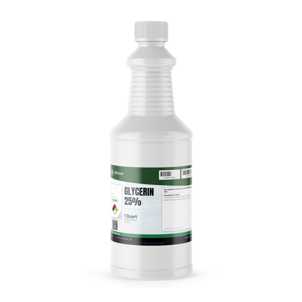 Glycerin 25% Food Grade in a 1-quart white ribbed plastic bottle, Alliance Chemical