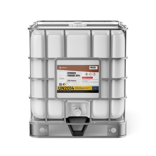 Hydrogen Peroxide 30% ACS Grade in a 330-gallon IBC tote for semiconductor wafer cleaning, Alliance Chemical