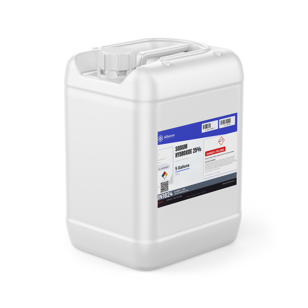 Sodium hydroxide 25% ACS grade in a 5-gallon plastic jerry can for pH regulation and water treatment, Alliance Chemical