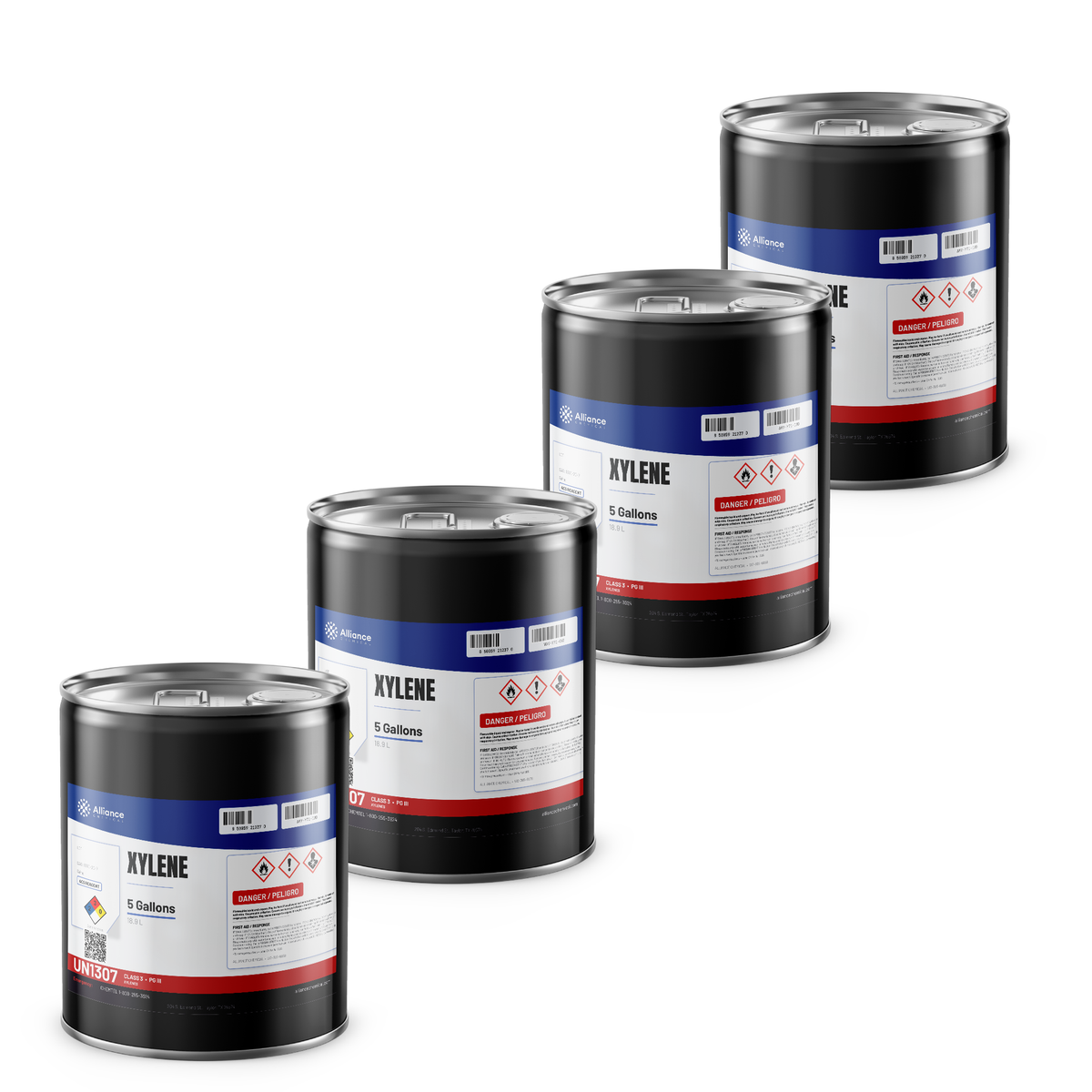 98.5% Xylene ACS Reagent Grade in four 5-gallon metal pails for laboratory research, Alliance Chemical