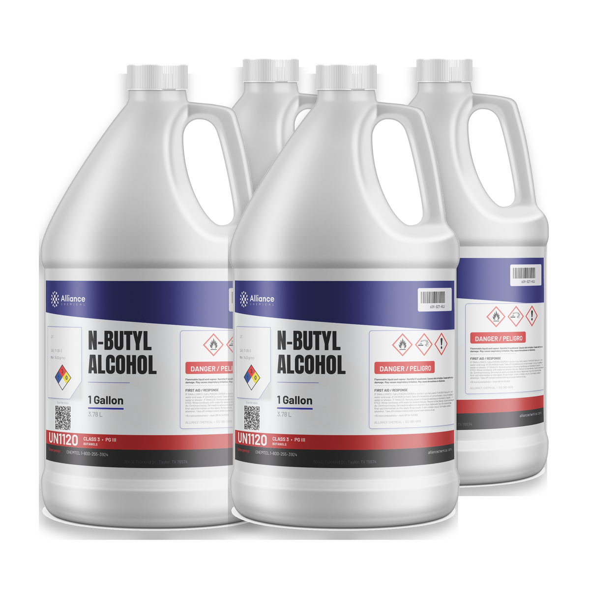 N-Butyl Alcohol Technical Grade case of four 1-gallon plastic jugs, Alliance Chemical for industrial ester synthesis