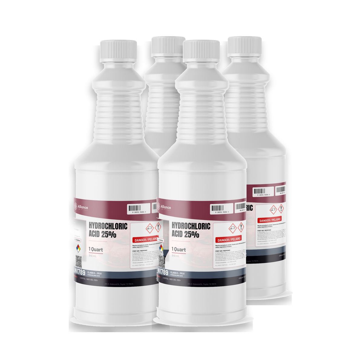Hydrochloric Acid 25% Technical Grade in four 1-quart bottles from Alliance Chemical