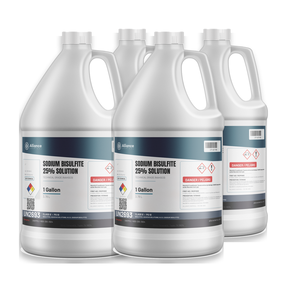 Sodium Bisulfite 25% Solution Technical Grade in four 1-gallon jugs for water dechlorination, Alliance Chemical