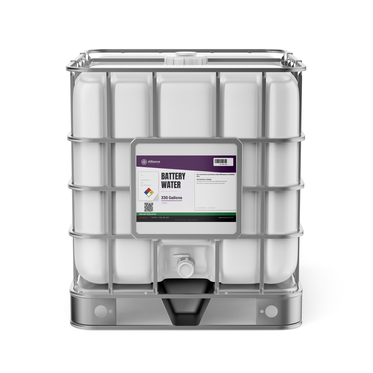 Technical grade deionized battery water in a 330-gallon IBC tote from Alliance Chemical