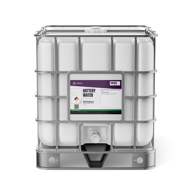 Technical grade deionized battery water in a 330-gallon IBC tote from Alliance Chemical