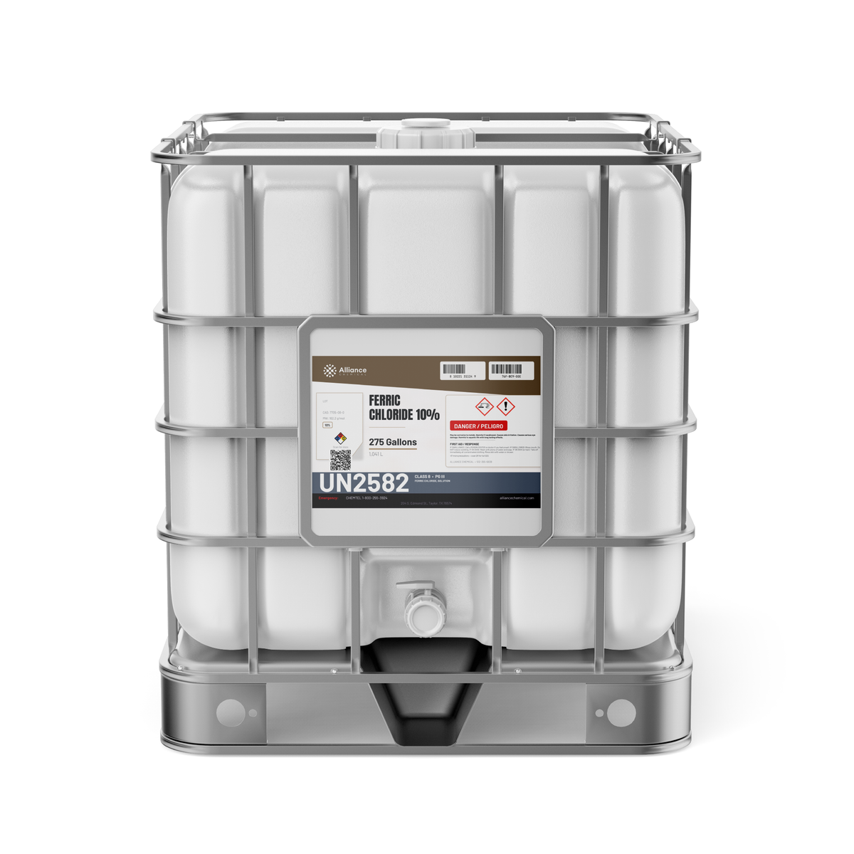 Ferric chloride 10% technical grade in a 275-gallon IBC tote from Alliance Chemical for water treatment