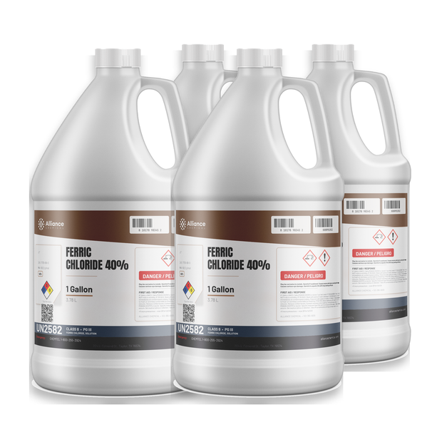 Ferric Chloride 40% Technical Grade in a case of four 1-gallon jugs by Alliance Chemical for PCB etching and wastewater treatment