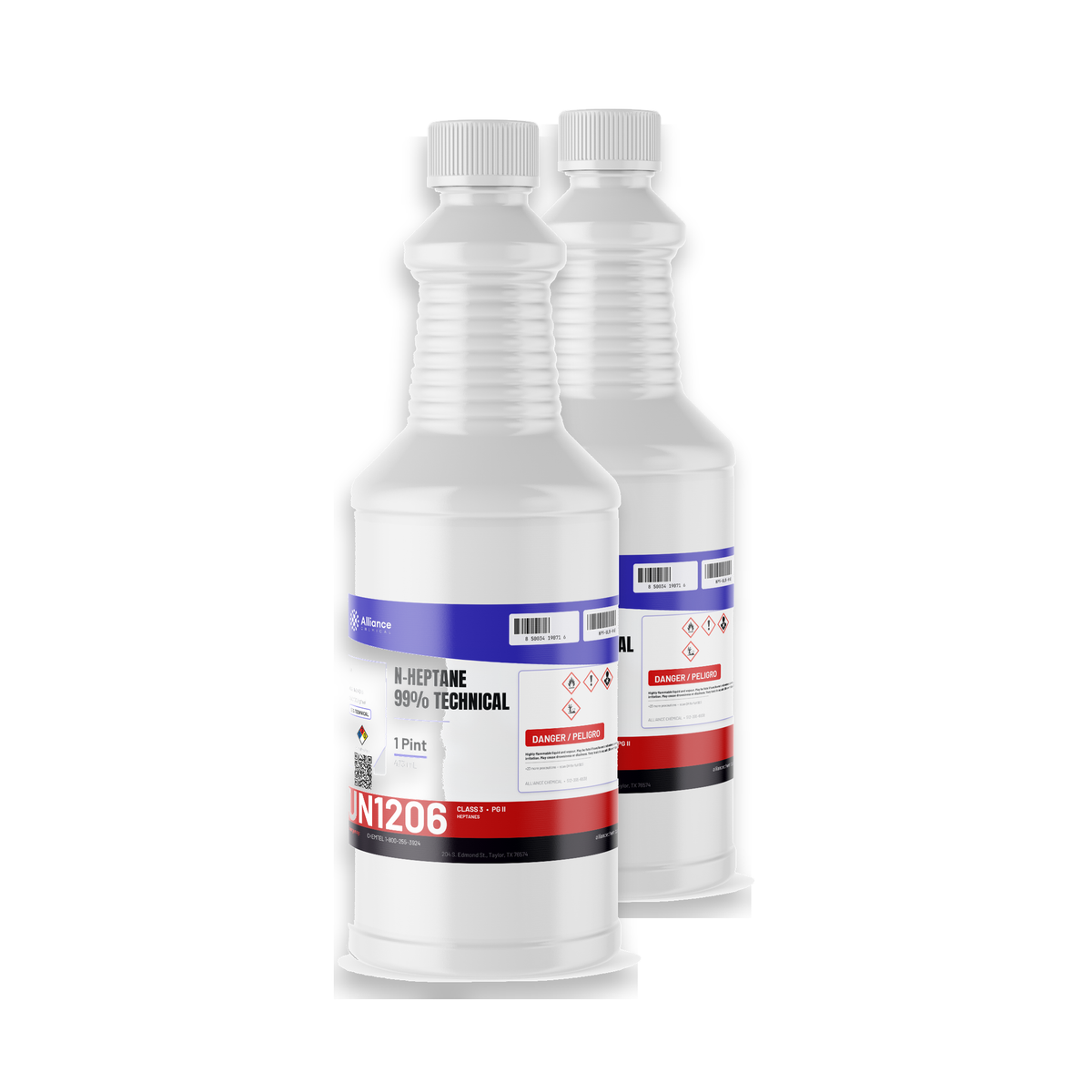 n-Heptane 99% technical grade liquid in two 1-pint plastic bottles, Alliance Chemical