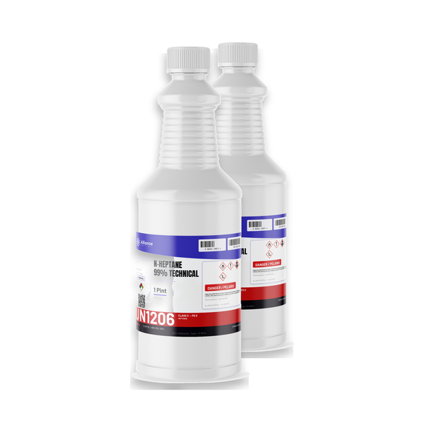 n-Heptane 99% technical grade liquid in two 1-pint plastic bottles, Alliance Chemical