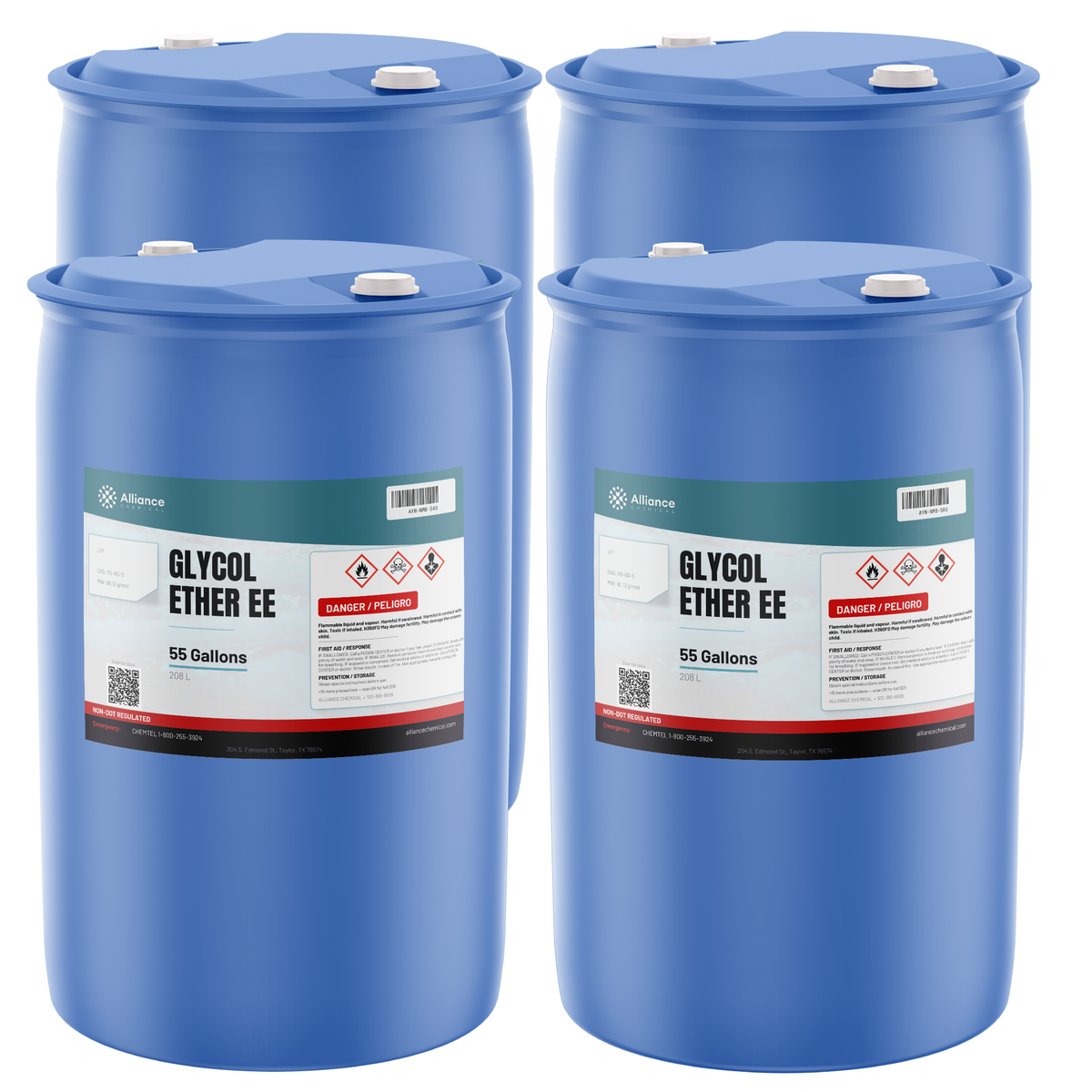 Glycol Ether EE, technical grade, in four blue 55-gallon drums from Alliance Chemical