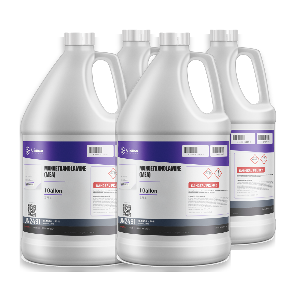 Monoethanolamine MEA ACS Reagent Grade, four 1-gallon plastic jugs, Alliance Chemical
