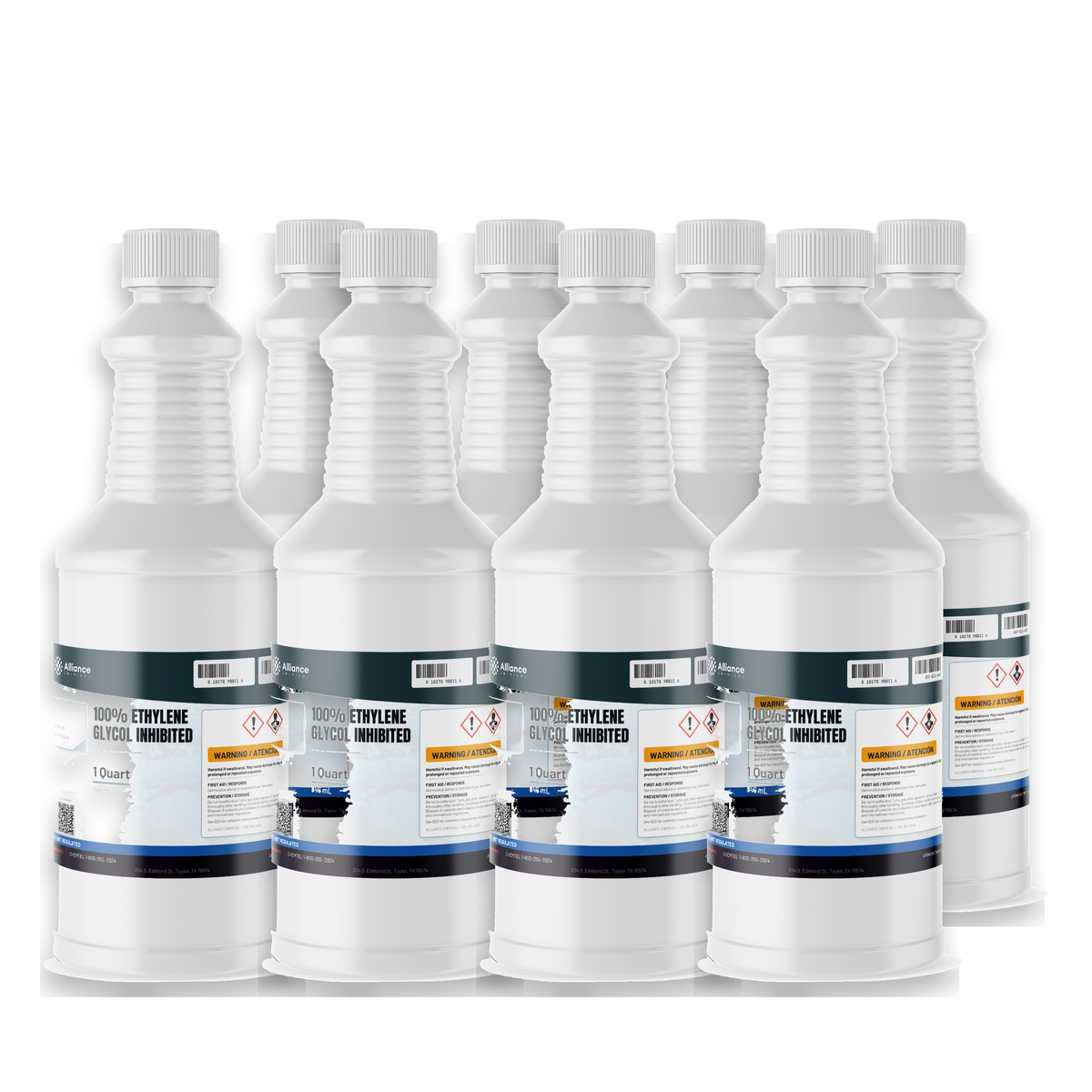 100% Ethylene Glycol Inhibited in eight 1-quart white plastic bottles, Alliance Chemical