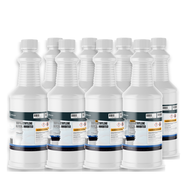 100% Ethylene Glycol Inhibited in eight 1-quart white plastic bottles, Alliance Chemical