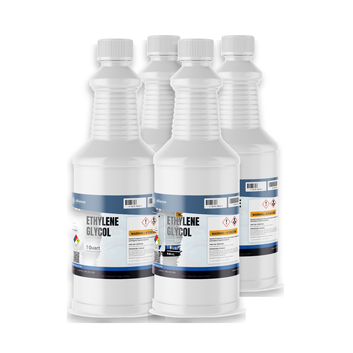 Ethylene Glycol ACS Reagent Grade in four 1-quart white plastic bottles from Alliance Chemical