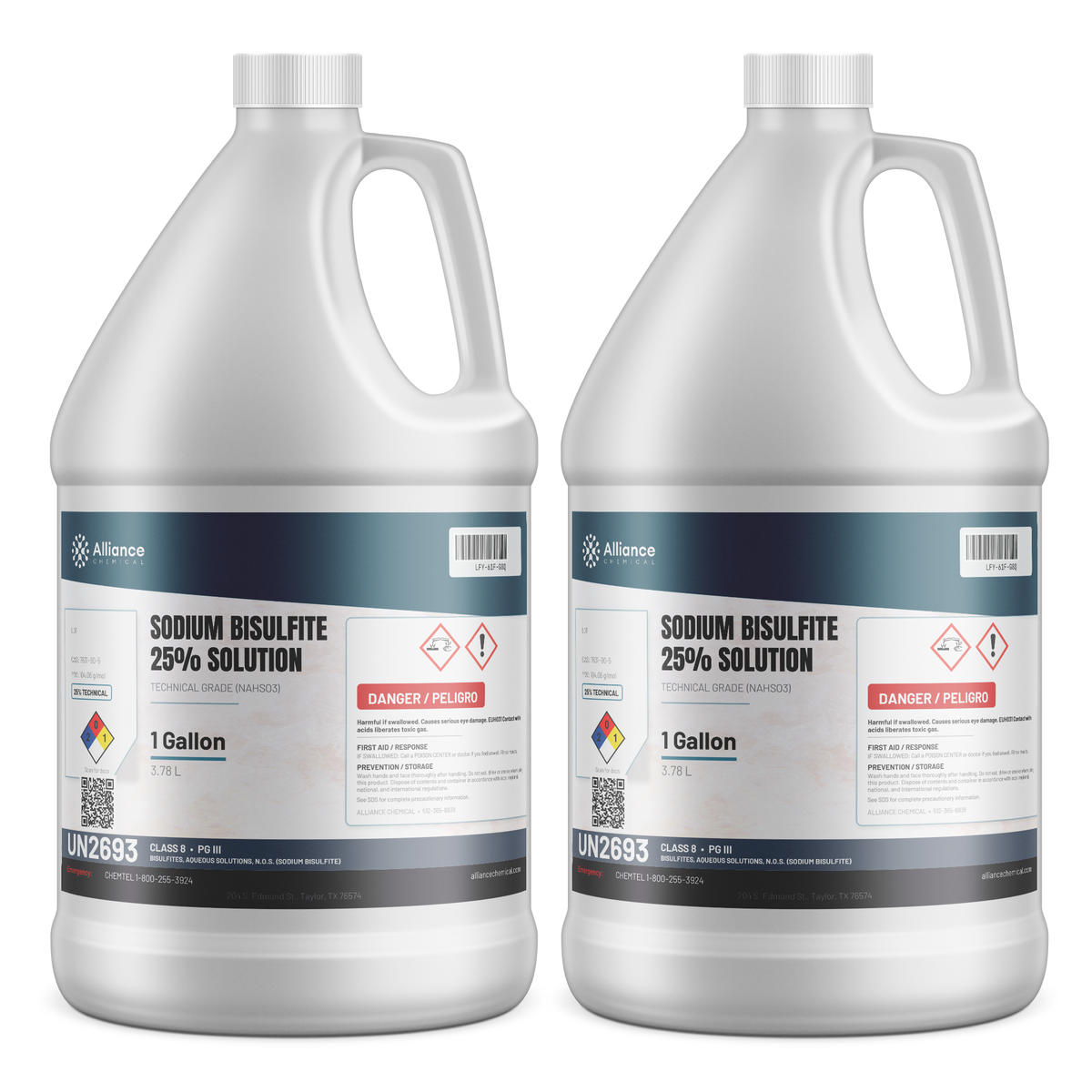 Sodium Bisulfite 25% Solution Technical Grade in two 1-gallon jugs, Alliance Chemical