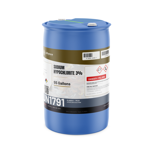 Sodium Hypochlorite 3% Technical Grade in a blue 55-gallon drum from Alliance Chemical