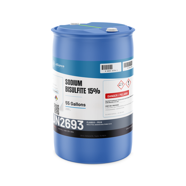 Sodium Bisulfite 15% Technical Grade in a blue 55-gallon plastic drum, Alliance Chemical