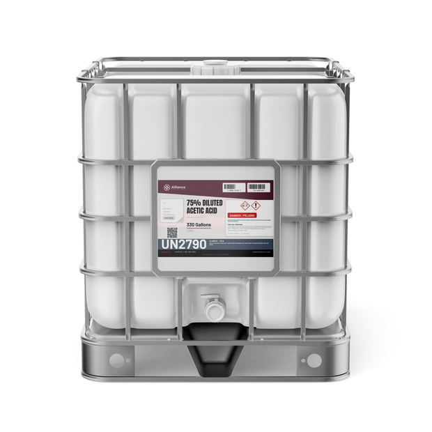 75% Diluted Acetic Acid Food Grade in a 330-gallon IBC tote from Alliance Chemical for textile processing and pH control