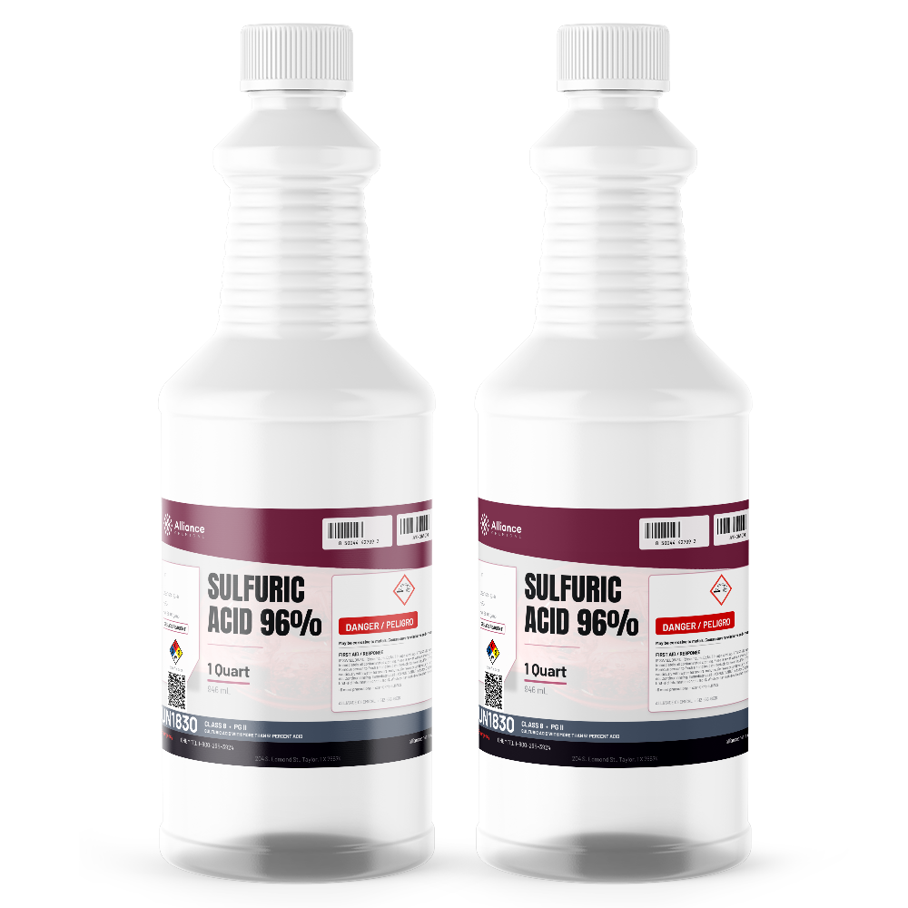 Sulfuric Acid 96% ACS Grade in two 1-quart bottles, Alliance Chemical, for chemical synthesis and metal treatment