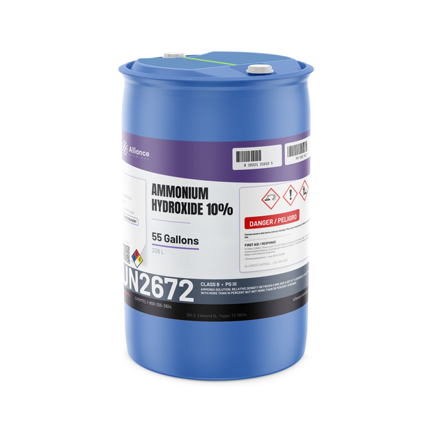Ammonium Hydroxide 10% ACS Grade in a 55-gallon blue plastic drum from Alliance Chemical