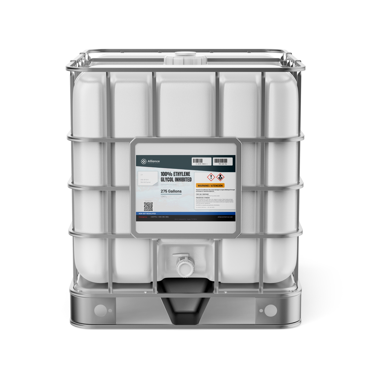 100% inhibited ethylene glycol in a 275-gallon IBC tote from Alliance Chemical for HVAC chillers and cooling systems