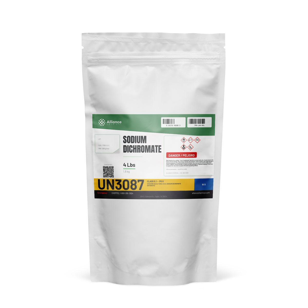 Sodium dichromate technical grade in a 4-lb stand-up pouch for metal surface finishing, Alliance Chemical