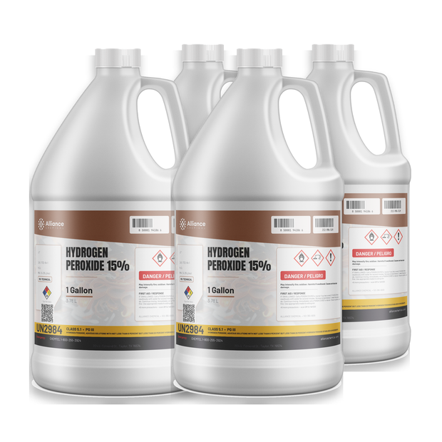 Hydrogen Peroxide 15% Technical Grade in a case of four 1-gallon jugs for textile bleaching, Alliance Chemical