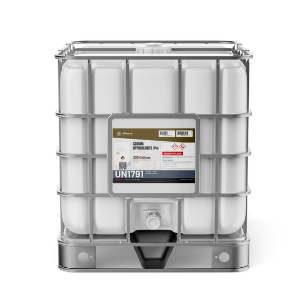 Sodium Hypochlorite 3% technical grade in a 330-gallon IBC tote, Alliance Chemical