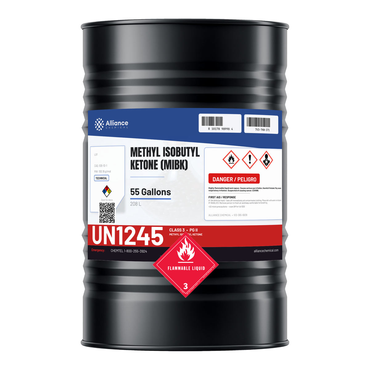 Methyl Isobutyl Ketone Technical Grade in a 55-gallon drum from Alliance Chemical for surface coatings and industrial sealants