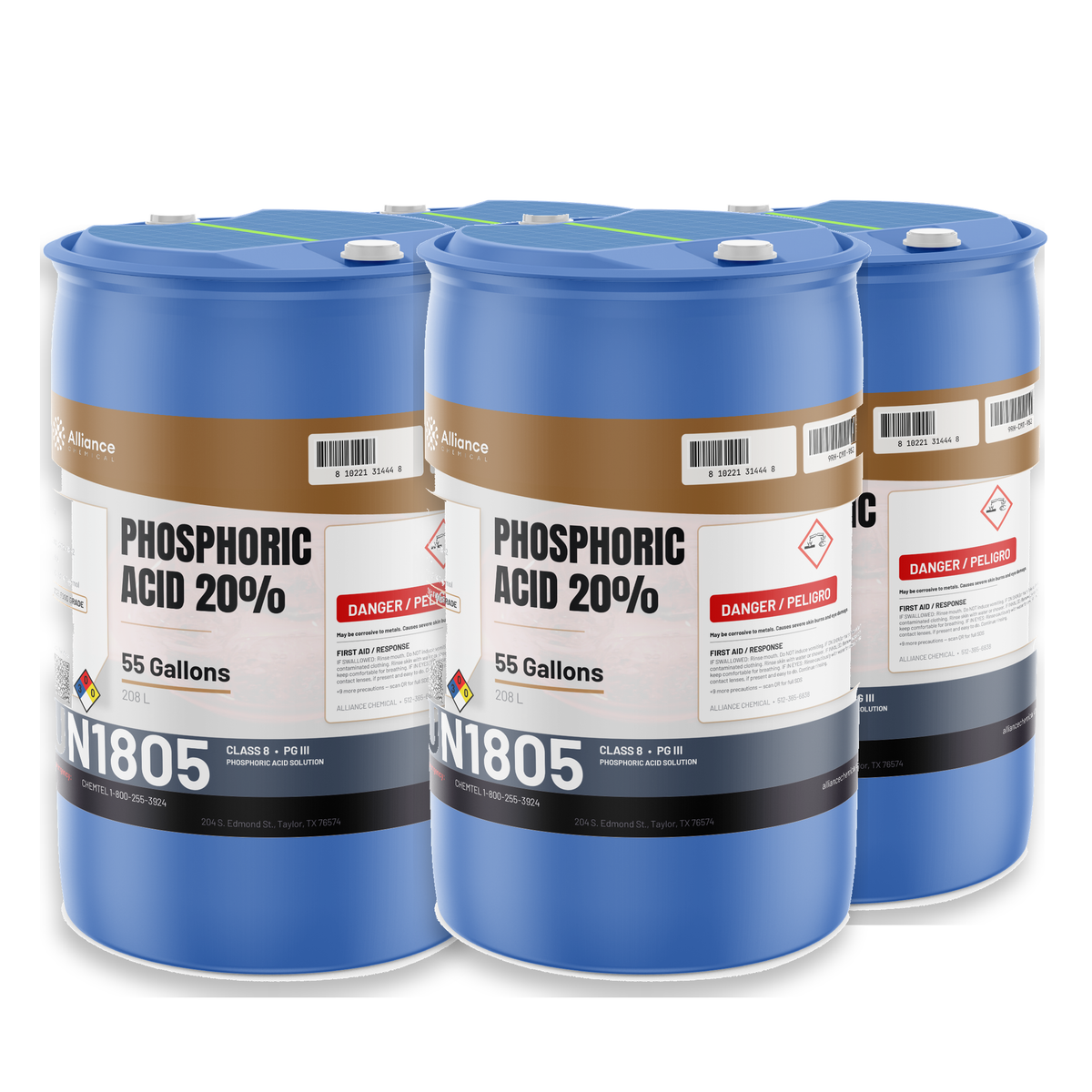 Phosphoric Acid 20% Food Grade in four blue 55-gallon drums, Alliance Chemical for food and beverage processing