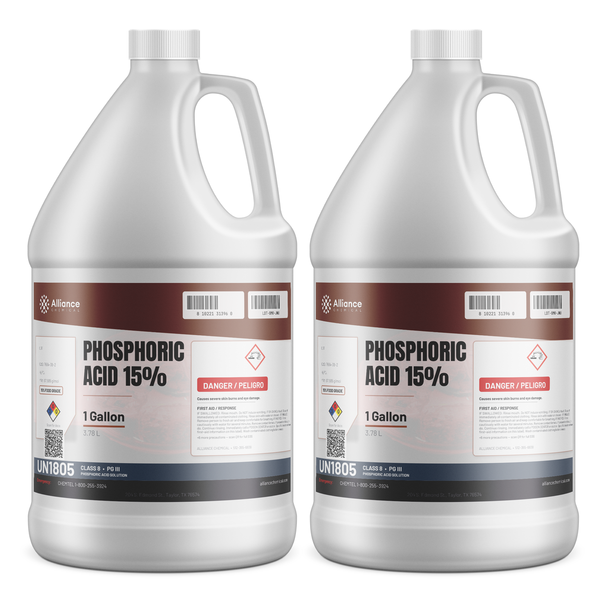 Phosphoric Acid 15% Food Grade in two 1-gallon white plastic jugs, Alliance Chemical