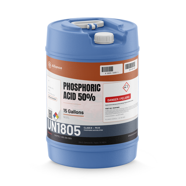 Phosphoric Acid 50% ACS grade in a 15-gallon blue plastic carboy with white cap from Alliance Chemical