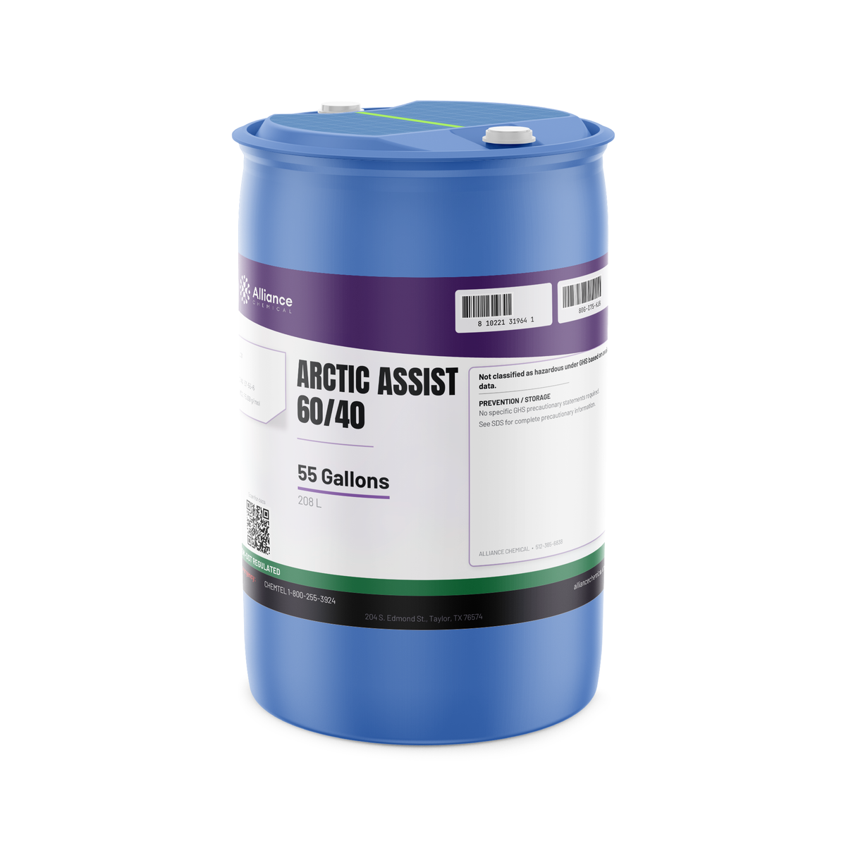 Arctic Assist 60/40 technical grade in a 55-gallon blue plastic drum, Alliance Chemical