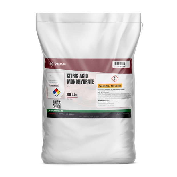 Citric Acid Monohydrate ACS Reagent Grade in a white 55-lb bag by Alliance Chemical